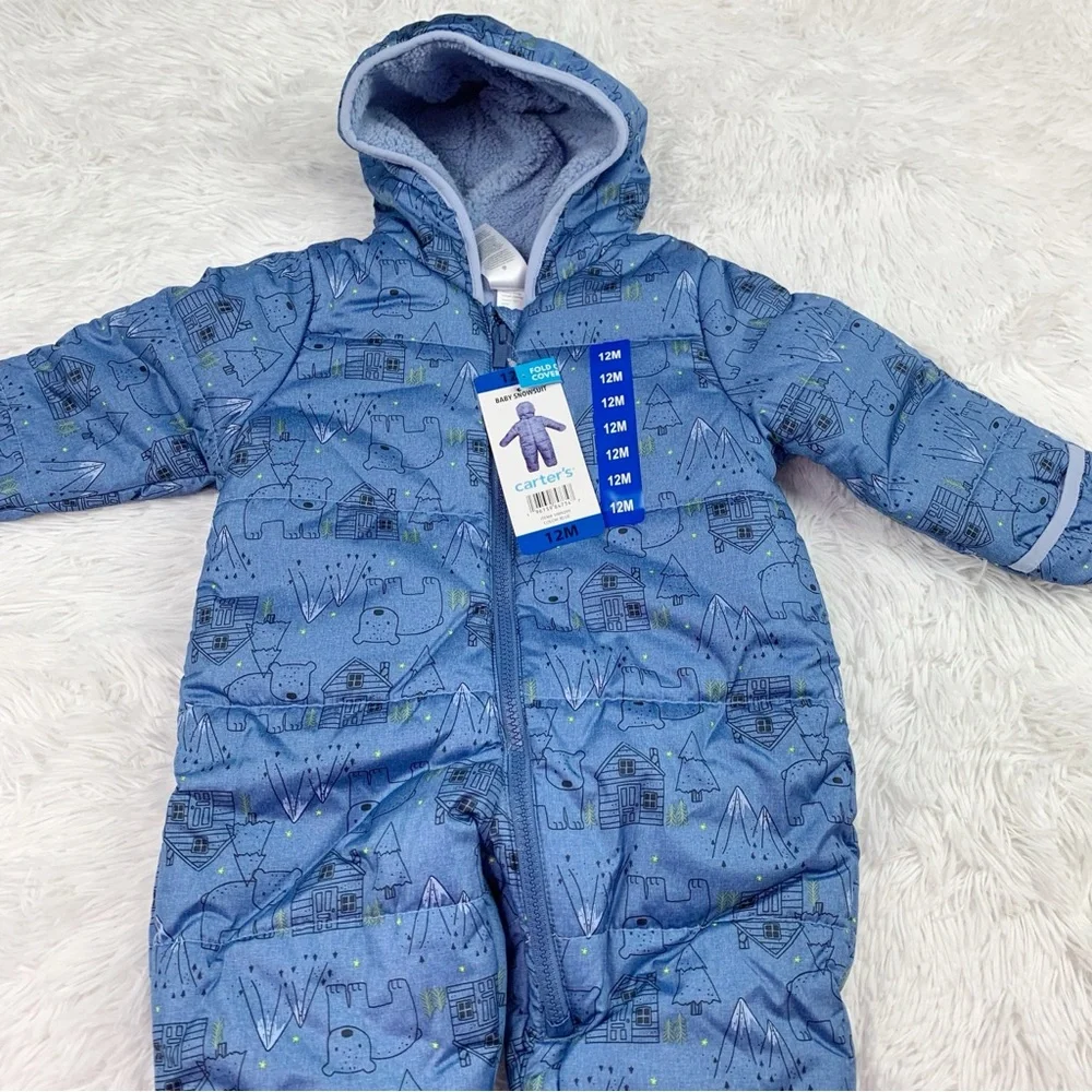 Carter's baby printed snowsuits one piece hooded fleece lining in‎ blue